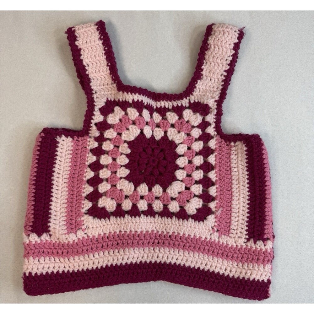 Handmade VINTAGE Crochet Granny Square Pullover Tank Top Vest Cottagecore PINK - Picture 2 of 6